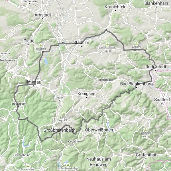 Karten-Miniaturansicht der Radinspiration "Rennsteigrunde von Rudolstadt" in Thüringen, Germany. Erstellt vom Tarmacs.app-Routenplaner für Radtouren