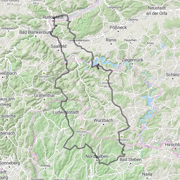 Map miniature of "Challenging Hill Circuit" cycling inspiration in Thüringen, Germany. Generated by Tarmacs.app cycling route planner