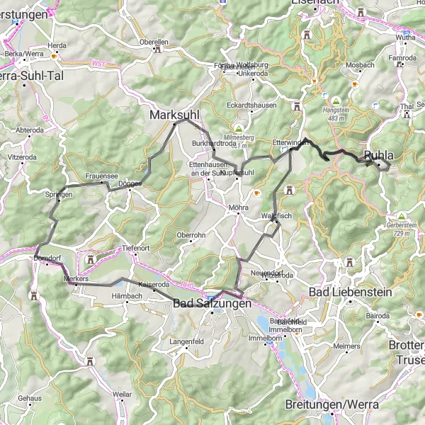 Karten-Miniaturansicht der Radinspiration "Tour durch Bad Salzungen und Umgebung" in Thüringen, Germany. Erstellt vom Tarmacs.app-Routenplaner für Radtouren
