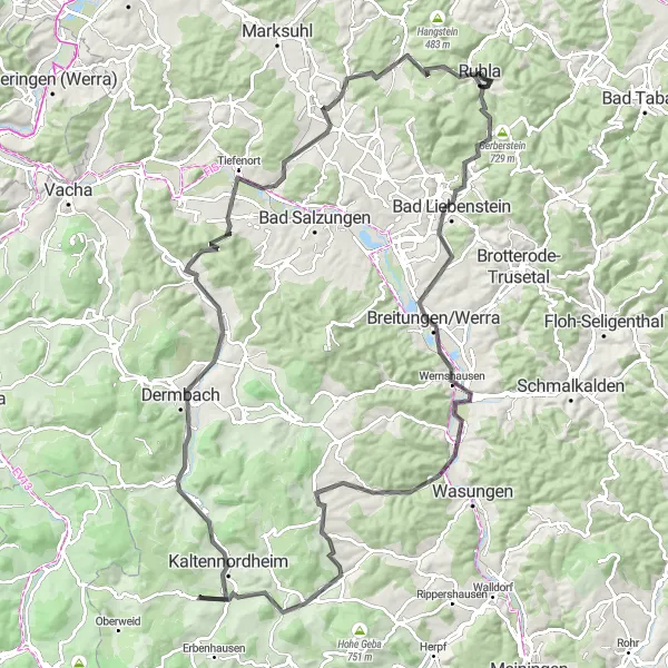 Map miniature of "Breathtaking Road Cycling Route Near Ruhla" cycling inspiration in Thüringen, Germany. Generated by Tarmacs.app cycling route planner