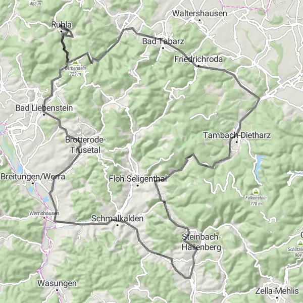 Karten-Miniaturansicht der Radinspiration "Tour rund um Ruhla und Steinbach-Hallenberg" in Thüringen, Germany. Erstellt vom Tarmacs.app-Routenplaner für Radtouren