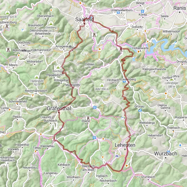 Map miniature of "Saalfeld Gravel Adventure Cycling Route" cycling inspiration in Thüringen, Germany. Generated by Tarmacs.app cycling route planner