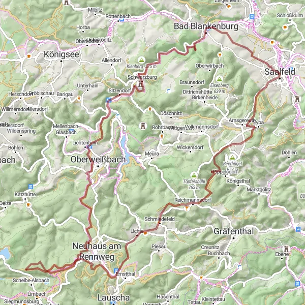 Map miniature of "Saalfeld Gravel Adventure" cycling inspiration in Thüringen, Germany. Generated by Tarmacs.app cycling route planner