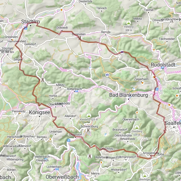 Map miniature of "Döschnitz Gravel Adventure" cycling inspiration in Thüringen, Germany. Generated by Tarmacs.app cycling route planner