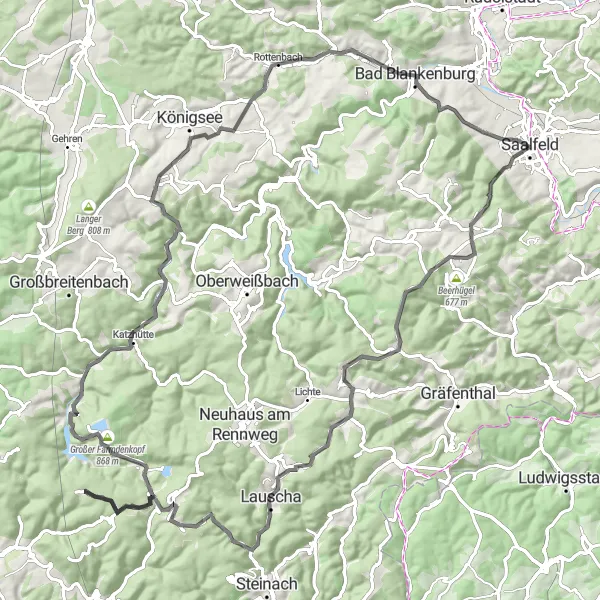 Map miniature of "Scenic Saalfeld Road Cycling Route" cycling inspiration in Thüringen, Germany. Generated by Tarmacs.app cycling route planner