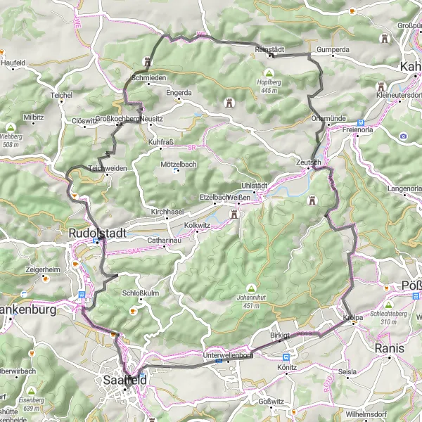 Karten-Miniaturansicht der Radinspiration "Entspannte Radtour durch die Thüringer Landschaft" in Thüringen, Germany. Erstellt vom Tarmacs.app-Routenplaner für Radtouren