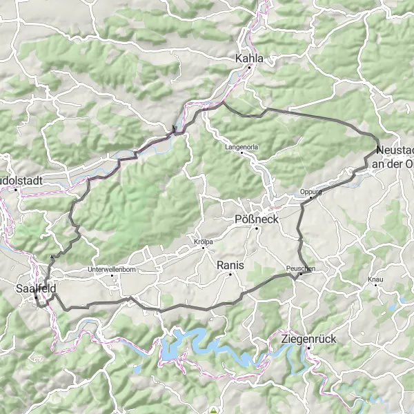 Map miniature of "Thuringian Countryside Road Cycling Route" cycling inspiration in Thüringen, Germany. Generated by Tarmacs.app cycling route planner