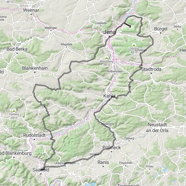 Karten-Miniaturansicht der Radinspiration "Road-Tour durch Thüringen und Saale" in Thüringen, Germany. Erstellt vom Tarmacs.app-Routenplaner für Radtouren