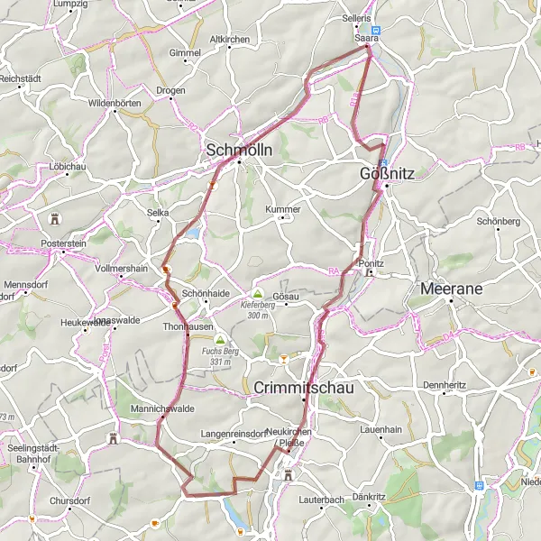 Map miniature of "Ponitz Discovery" cycling inspiration in Thüringen, Germany. Generated by Tarmacs.app cycling route planner