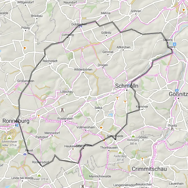 Map miniature of "Saara Countryside Road Loop" cycling inspiration in Thüringen, Germany. Generated by Tarmacs.app cycling route planner