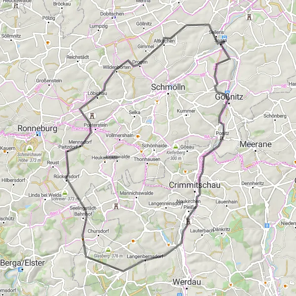 Map miniature of "Crimmitschau Adventure" cycling inspiration in Thüringen, Germany. Generated by Tarmacs.app cycling route planner