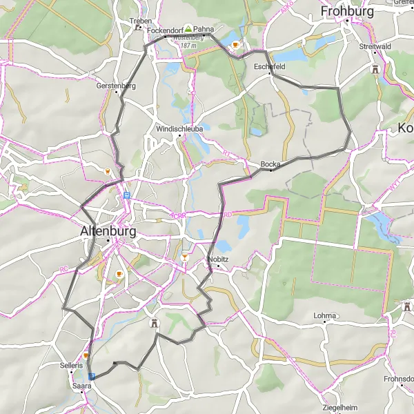 Karten-Miniaturansicht der Radinspiration "Saara-Route über Nikolaiturm und Stünzhain" in Thüringen, Germany. Erstellt vom Tarmacs.app-Routenplaner für Radtouren