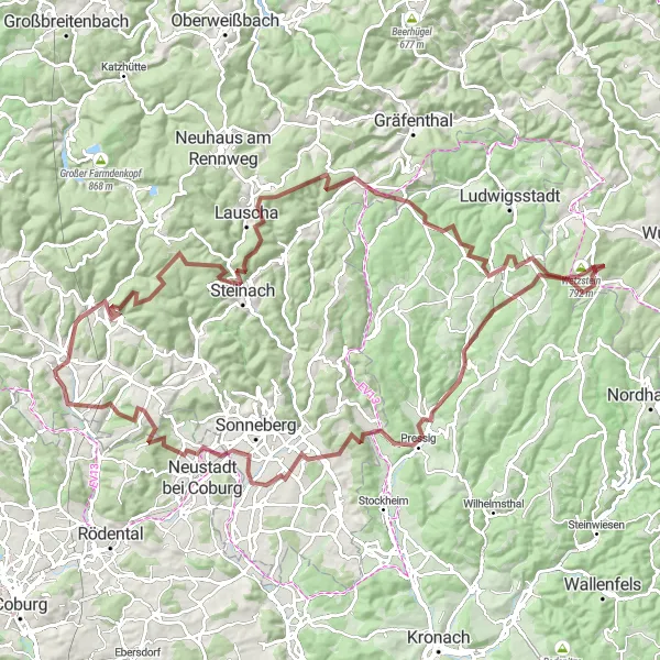 Karten-Miniaturansicht der Radinspiration "Rundfahrt ab Schalkau - Abenteuerliche Naturschönheiten" in Thüringen, Germany. Erstellt vom Tarmacs.app-Routenplaner für Radtouren