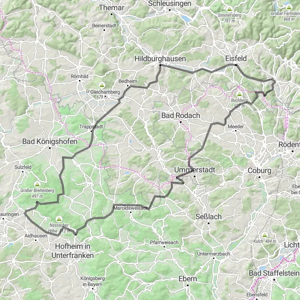 Karten-Miniaturansicht der Radinspiration "Rundfahrt um Schalkau" in Thüringen, Germany. Erstellt vom Tarmacs.app-Routenplaner für Radtouren