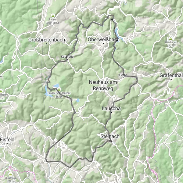 Karten-Miniaturansicht der Radinspiration "Rundfahrt von Schalkau über Mellenbach-Glasbach nach Lauscha" in Thüringen, Germany. Erstellt vom Tarmacs.app-Routenplaner für Radtouren