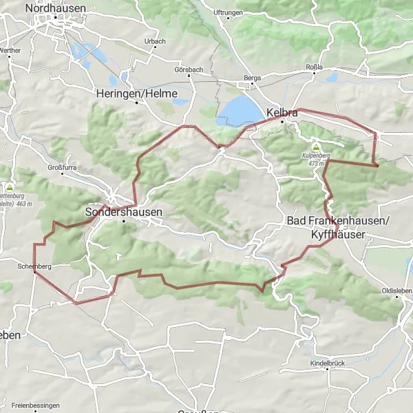 Karten-Miniaturansicht der Radinspiration "Gravelroute von Schernberg nach Bad Frankenhausen/Kyffhäuser" in Thüringen, Germany. Erstellt vom Tarmacs.app-Routenplaner für Radtouren