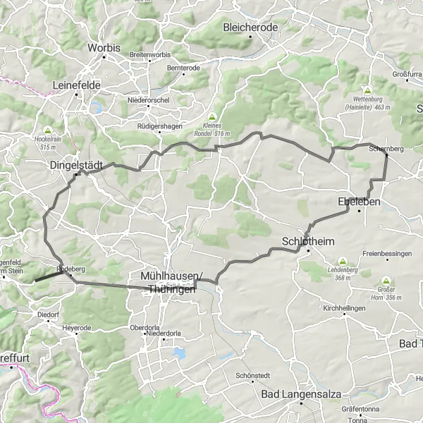 Karten-Miniaturansicht der Radinspiration "Rund um Mühlhausen und Schernberg" in Thüringen, Germany. Erstellt vom Tarmacs.app-Routenplaner für Radtouren