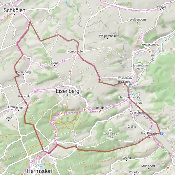 Map miniature of "Elster Crossen Gravel Adventure" cycling inspiration in Thüringen, Germany. Generated by Tarmacs.app cycling route planner