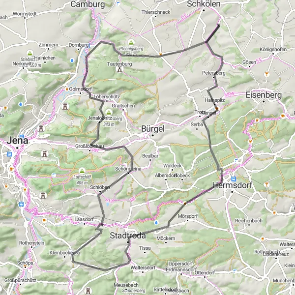 Map miniature of "Explore Hainspitz and Tautenburg" cycling inspiration in Thüringen, Germany. Generated by Tarmacs.app cycling route planner