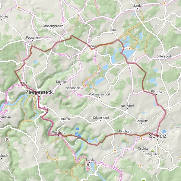 Map miniature of "Mönchgrün Loop" cycling inspiration in Thüringen, Germany. Generated by Tarmacs.app cycling route planner