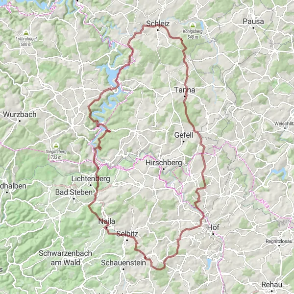 Karten-Miniaturansicht der Radinspiration "Rundtour um Schleiz und Naila" in Thüringen, Germany. Erstellt vom Tarmacs.app-Routenplaner für Radtouren