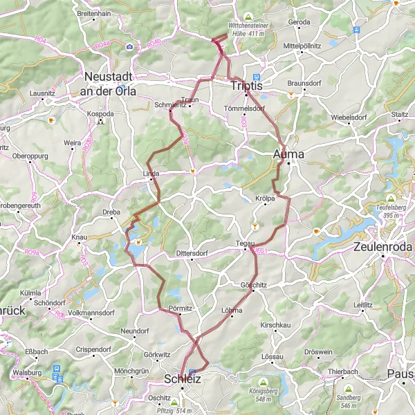 Map miniature of "Schleiz Gravel Loop" cycling inspiration in Thüringen, Germany. Generated by Tarmacs.app cycling route planner