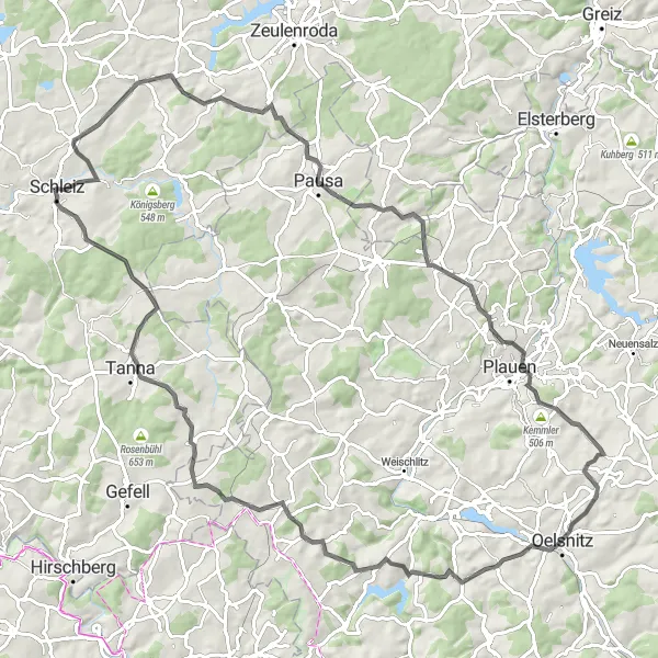 Karten-Miniaturansicht der Radinspiration "Bergtour um Schleiz" in Thüringen, Germany. Erstellt vom Tarmacs.app-Routenplaner für Radtouren