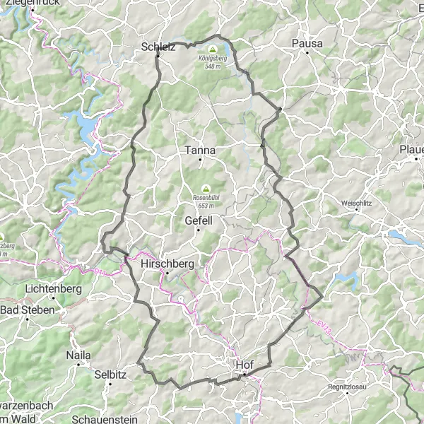 Karten-Miniaturansicht der Radinspiration "Rund um Schleiz - Grüne Hügel und idyllische Ortschaften" in Thüringen, Germany. Erstellt vom Tarmacs.app-Routenplaner für Radtouren