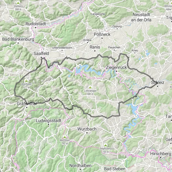 Karten-Miniaturansicht der Radinspiration "Schnelle Runde um Schleiz" in Thüringen, Germany. Erstellt vom Tarmacs.app-Routenplaner für Radtouren