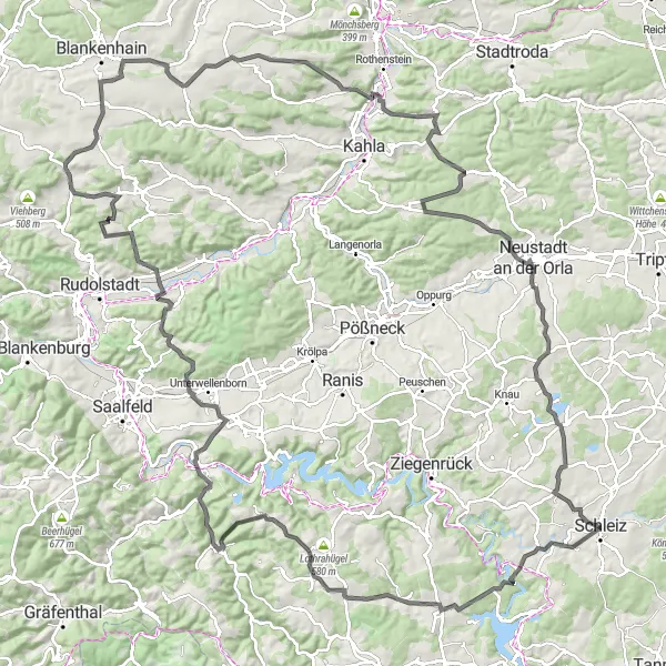 Map miniature of "Thuringian Road Adventure" cycling inspiration in Thüringen, Germany. Generated by Tarmacs.app cycling route planner