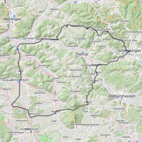 Map miniature of "Hilltop Castles and Rural Landscapes" cycling inspiration in Thüringen, Germany. Generated by Tarmacs.app cycling route planner