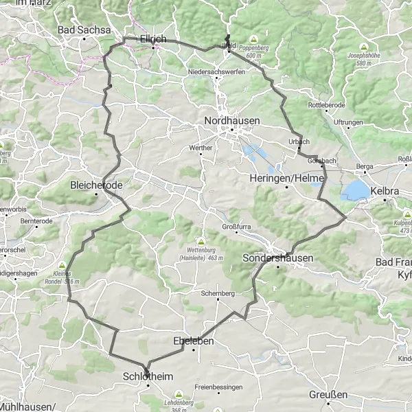 Map miniature of "Schlotheim Round-Trip" cycling inspiration in Thüringen, Germany. Generated by Tarmacs.app cycling route planner