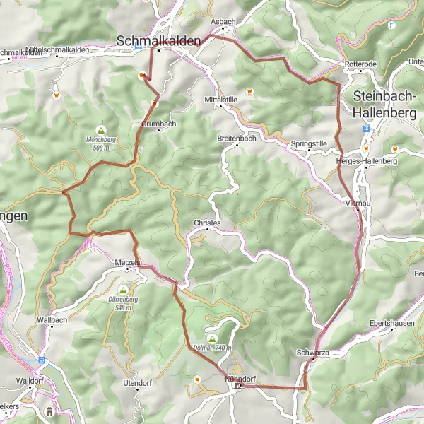 Map miniature of "Dolmar and Schwarza Gravel Route" cycling inspiration in Thüringen, Germany. Generated by Tarmacs.app cycling route planner