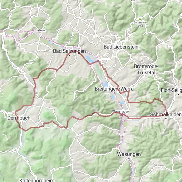 Map miniature of "Gravel Adventure: Schmalkalden" cycling inspiration in Thüringen, Germany. Generated by Tarmacs.app cycling route planner