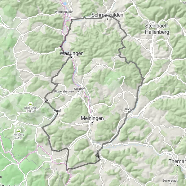 Map miniature of "Through the Forests and Hills" cycling inspiration in Thüringen, Germany. Generated by Tarmacs.app cycling route planner