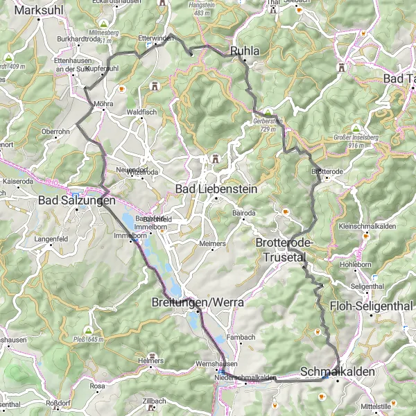 Map miniature of "Wolfsberg and Trusetaler Wasserfall Road Route" cycling inspiration in Thüringen, Germany. Generated by Tarmacs.app cycling route planner