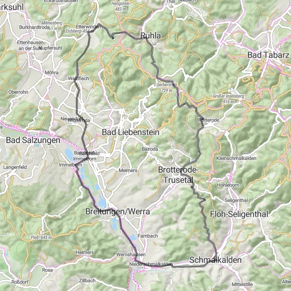 Map miniature of "Wolfsberg and Trusetaler Wasserfall Road Route" cycling inspiration in Thüringen, Germany. Generated by Tarmacs.app cycling route planner