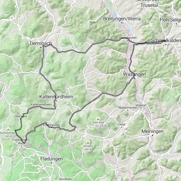 Map miniature of "Schmalkalden Loop" cycling inspiration in Thüringen, Germany. Generated by Tarmacs.app cycling route planner