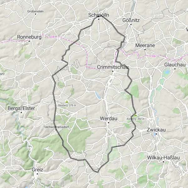 Karten-Miniaturansicht der Radinspiration "Panorama-Radtour in der Nähe von Schmölln" in Thüringen, Germany. Erstellt vom Tarmacs.app-Routenplaner für Radtouren