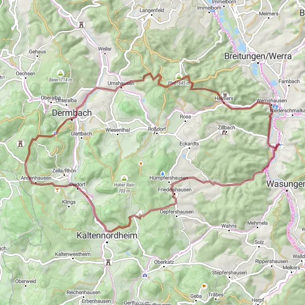 Map miniature of "Schwallungen-Gravel 2" cycling inspiration in Thüringen, Germany. Generated by Tarmacs.app cycling route planner