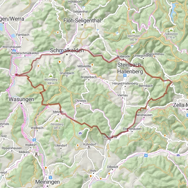 Karten-Miniaturansicht der Radinspiration "Von Schwallungen durch Knüllwald und Rhön" in Thüringen, Germany. Erstellt vom Tarmacs.app-Routenplaner für Radtouren