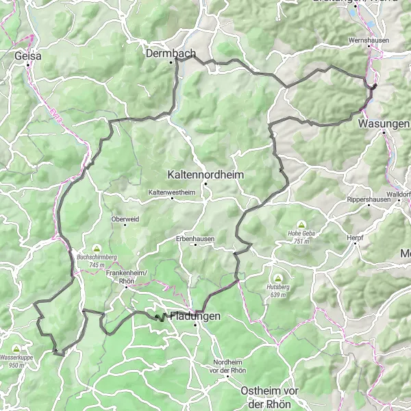 Map miniature of "Rhön Highlands Road Circuit" cycling inspiration in Thüringen, Germany. Generated by Tarmacs.app cycling route planner