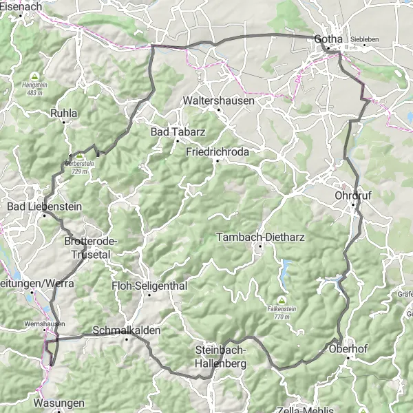 Map miniature of "Castles and Mountains" cycling inspiration in Thüringen, Germany. Generated by Tarmacs.app cycling route planner