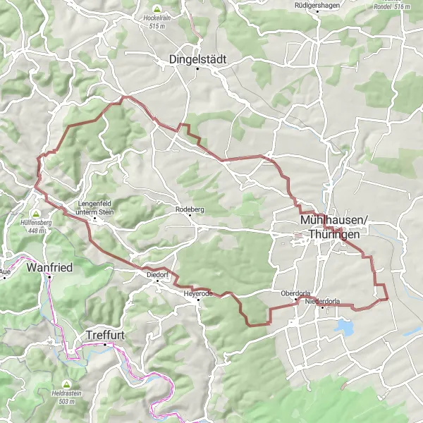 Map miniature of "Höngeda - Bothenheilingen - Kaiserlinde - Thamsbrück - Vogelschutzwarte Seebach" cycling inspiration in Thüringen, Germany. Generated by Tarmacs.app cycling route planner