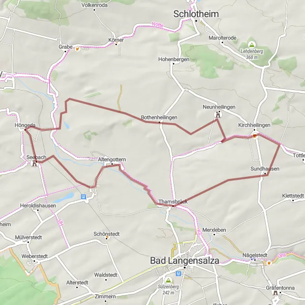 Map miniature of "Höngeda - Bothenheilingen - Kaiserlinde - Thamsbrück - Vogelschutzwarte Seebach" cycling inspiration in Thüringen, Germany. Generated by Tarmacs.app cycling route planner