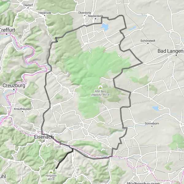 Map miniature of "Mülverstedt - Baumkronenpfad - Ebenheim - Kälberfeld - Zimmerberg - Mihlaer Berg - Rotes Schloss - Elsberg - Langula" cycling inspiration in Thüringen, Germany. Generated by Tarmacs.app cycling route planner