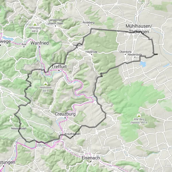 Map miniature of "Elsberg - Nazza - Schloss Bischofroda - Lerchenberg - Wommen - Weinberg - Lüderbach - Töpferberg - Eigenrieden - Der Löwe" cycling inspiration in Thüringen, Germany. Generated by Tarmacs.app cycling route planner