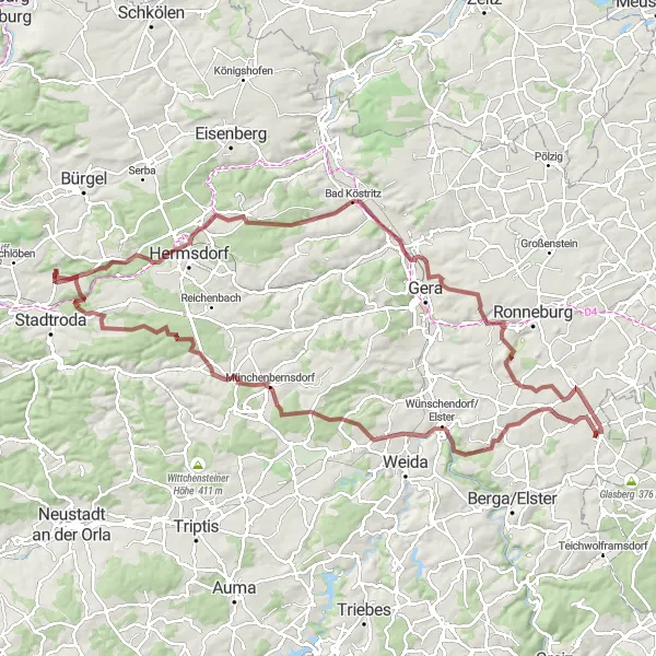 Map miniature of "Gravel Adventure" cycling inspiration in Thüringen, Germany. Generated by Tarmacs.app cycling route planner