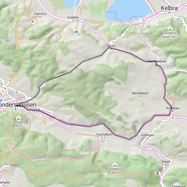 Karten-Miniaturansicht der Radinspiration "Kurze Rennradtour um Sondershausen" in Thüringen, Germany. Erstellt vom Tarmacs.app-Routenplaner für Radtouren