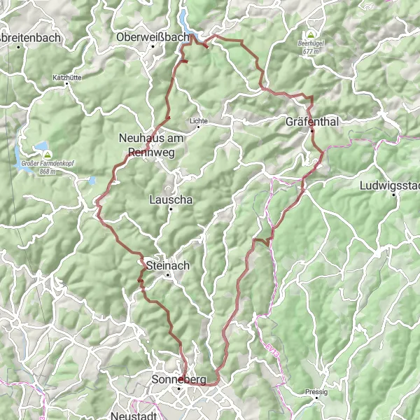 Map miniature of "Gravel Adventure in Thüringen Heartland" cycling inspiration in Thüringen, Germany. Generated by Tarmacs.app cycling route planner